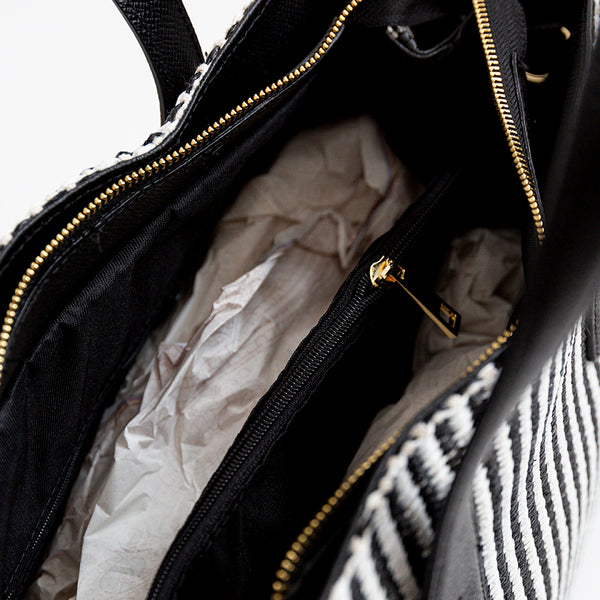 CORFU' - Black and White Leather and Raffia Bag