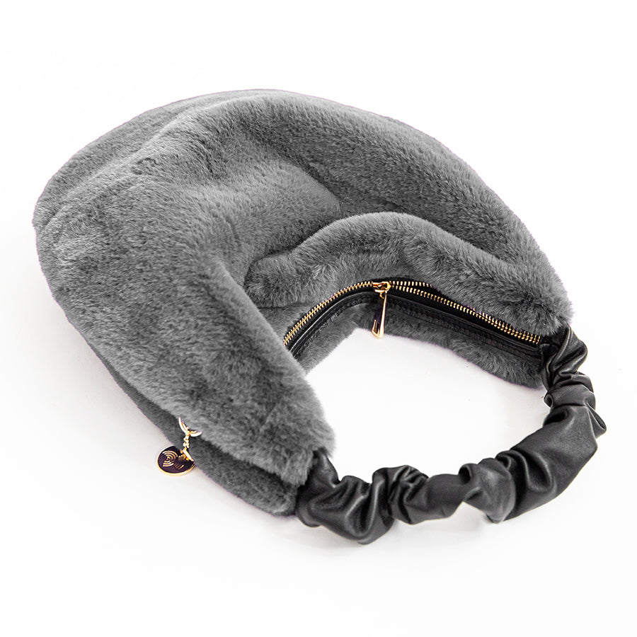 TRUDY HOBO - Gray Leather and Eco-Fur Bag