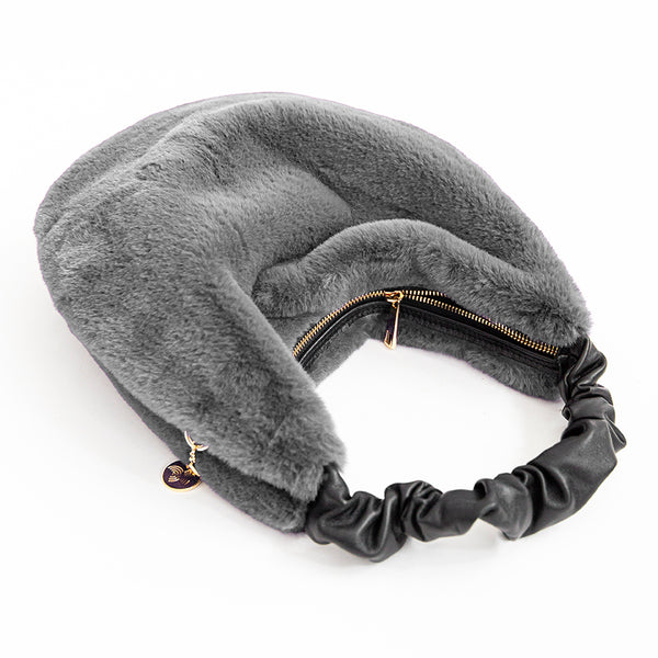 TRUDY HOBO - Gray Leather and Eco-Fur Bag