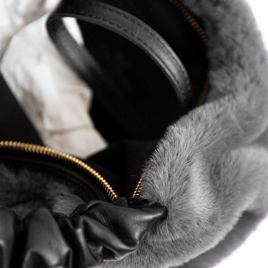 TRUDY HOBO - Gray Leather and Eco-Fur Bag