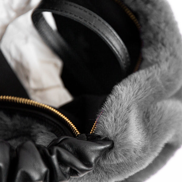 TRUDY HOBO - Gray Leather and Eco-Fur Bag