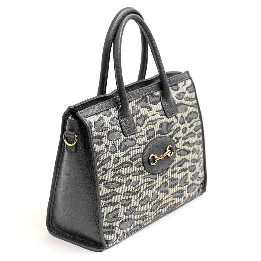 SAVANA - Shopping in tessuto nero e pelle