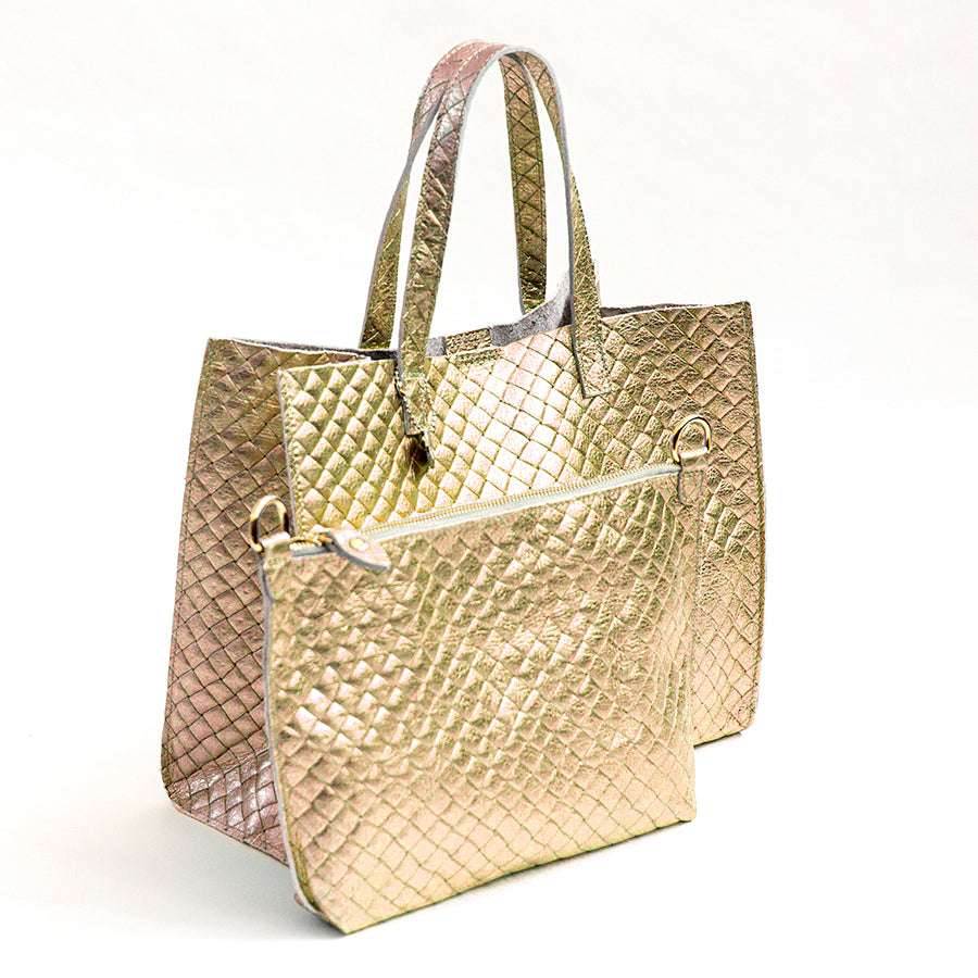 BALI BIG - Borsa in pelle laminata stampa intreccio oro
