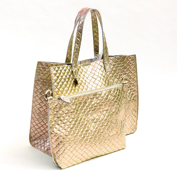 BALI BIG - Laminated leather bag with gold woven print