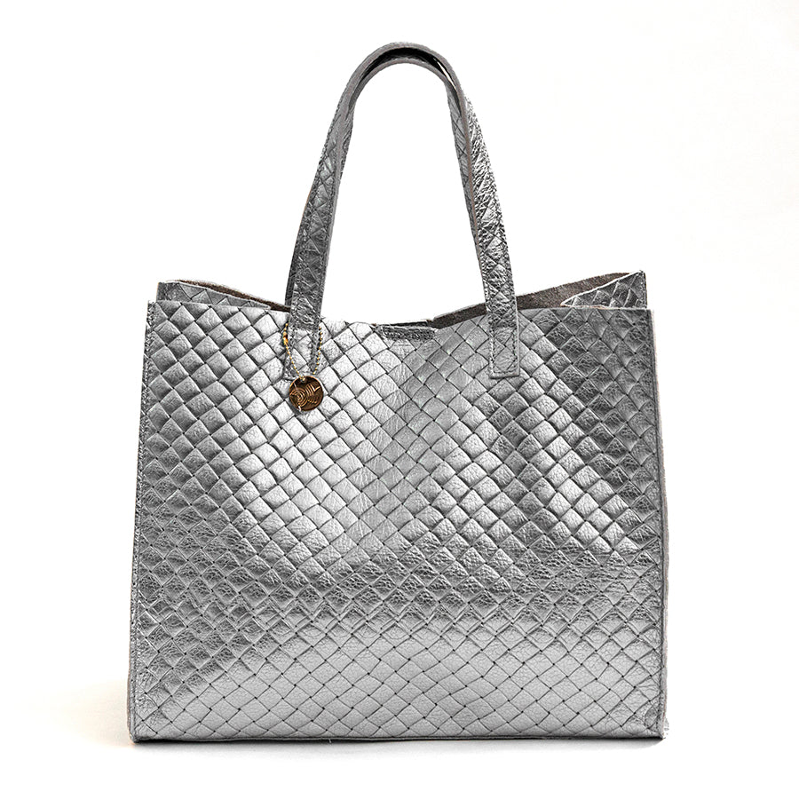 BALI BIG - Laminated leather bag with silver woven print