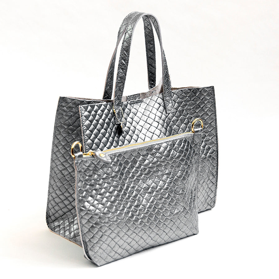 BALI BIG - Laminated leather bag with silver woven print