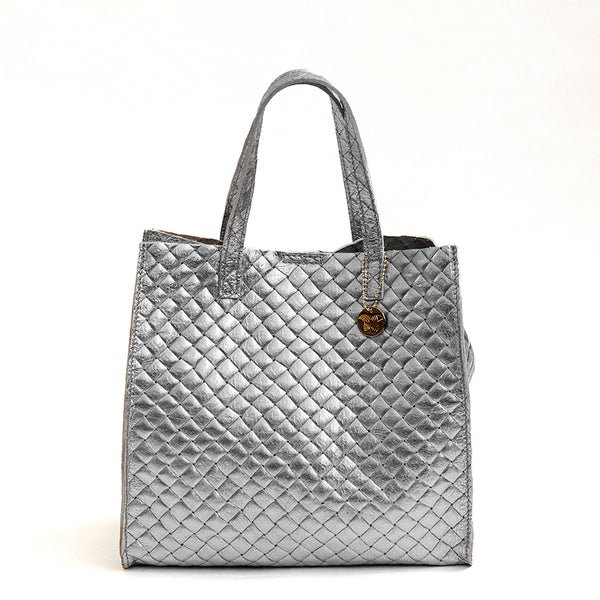 BALI - Borsa in pelle laminata con stampa intrecciata argento