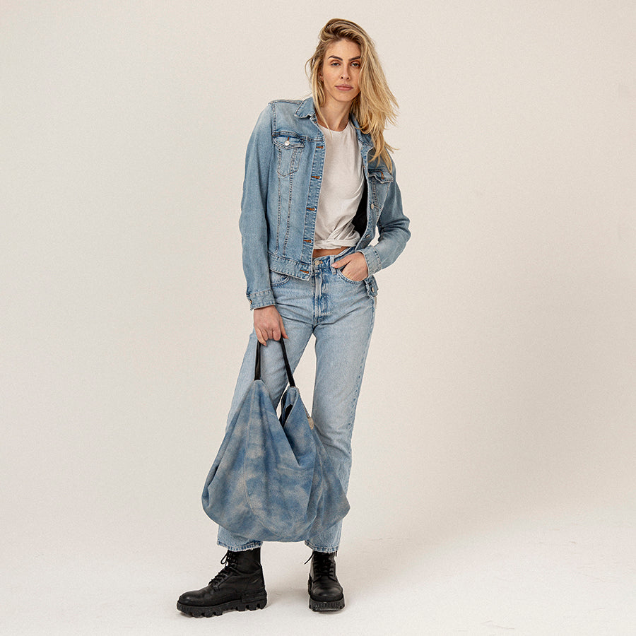 DENIM MAXI - Suede bag with denim effect