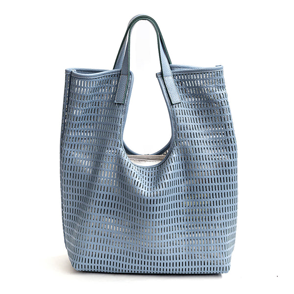 MIAMI BIG - Maxi perforated leather bag in sky blue