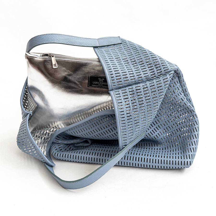 MIAMI BIG - Maxi perforated leather bag in sky blue