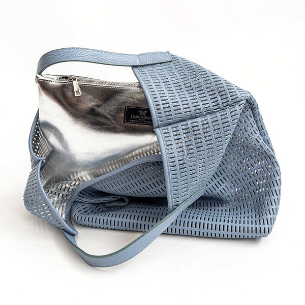 MIAMI BIG - Maxi perforated leather bag in sky blue