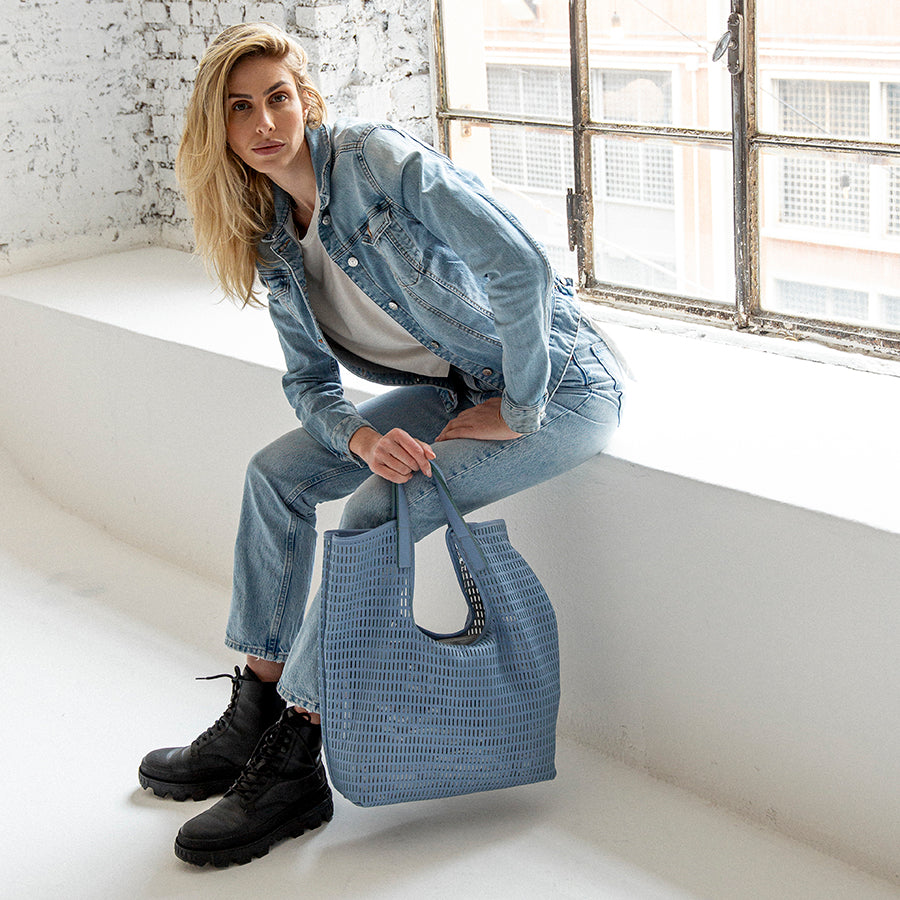 MIAMI BIG - Maxi perforated leather bag in sky blue