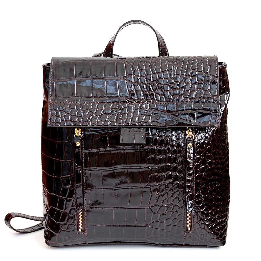 BRISTOL - Dark Brown Crocodile Print Leather Backpack