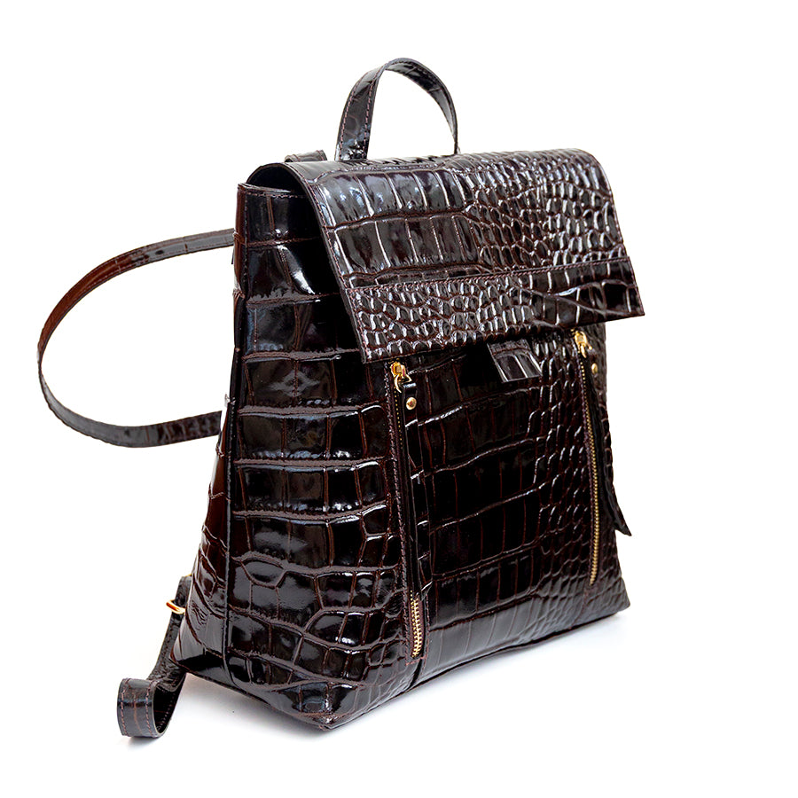 BRISTOL - Dark Brown Crocodile Print Leather Backpack