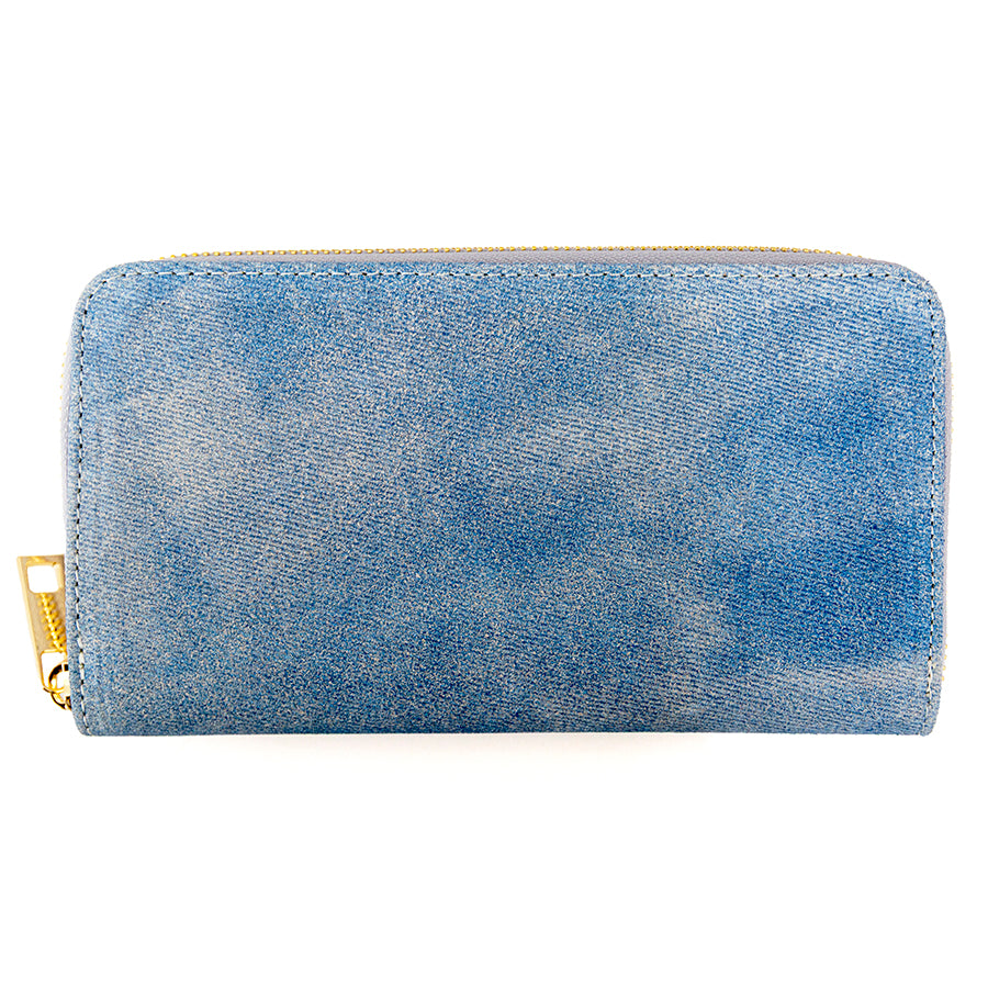 LARGE SUEDE DENIM PRINT WALLET