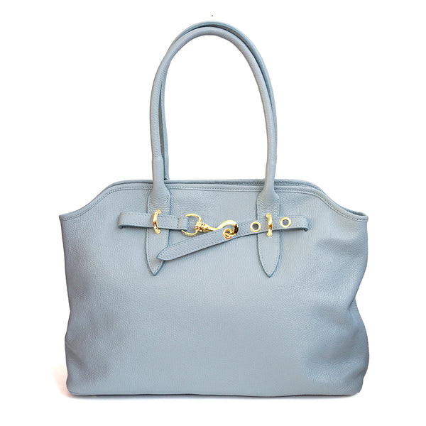 NORA - Shopping bag with light blue leather buckle