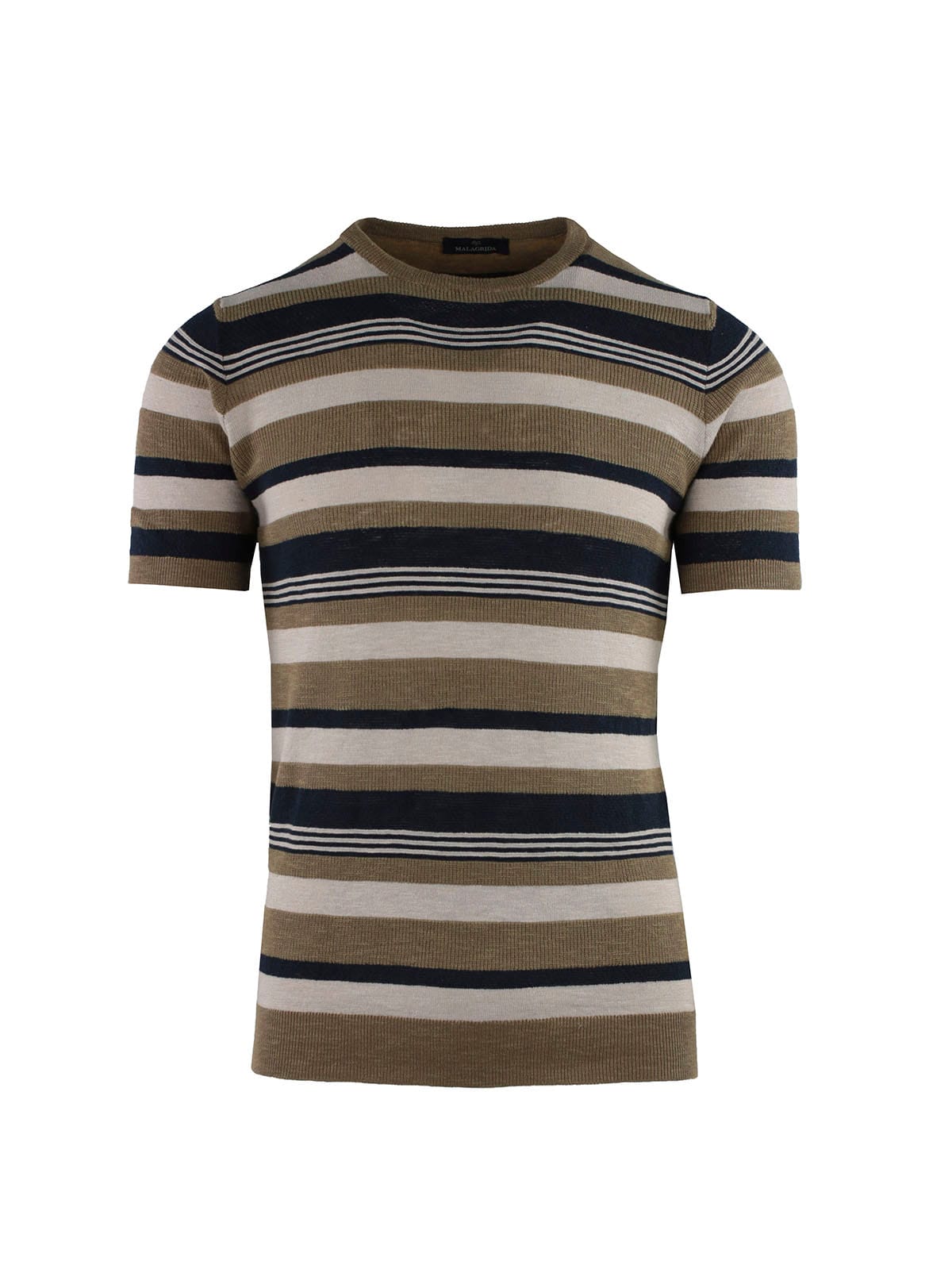 MAGLIA A MANICHE CORTE CON COLLO A RONDO E STRISCE LAVORATE