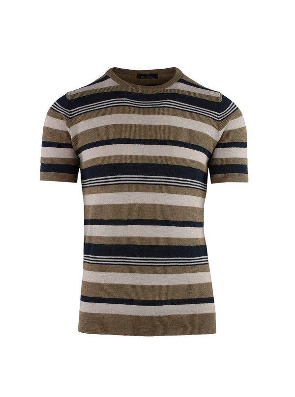 MAGLIA A MANICHE CORTE CON COLLO A RONDO E STRISCE LAVORATE