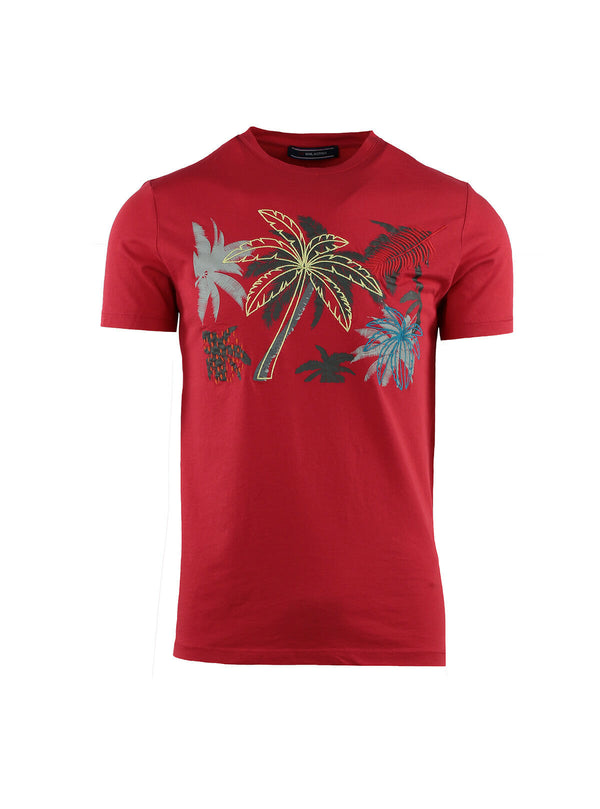 TROPICAL PRINT AND EMBROIDERY SHORT SLEEVE CREW NECK
