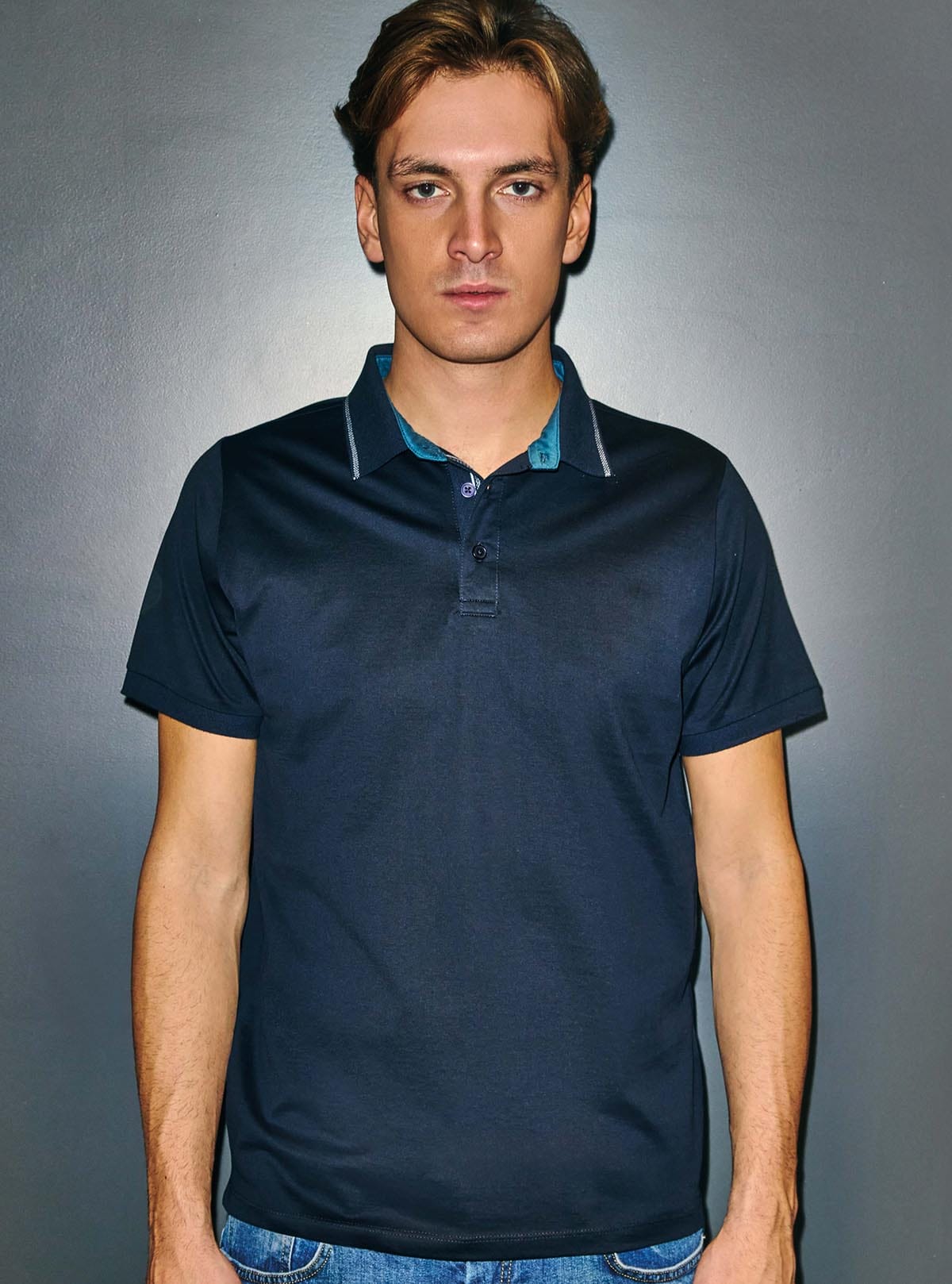 MERCERIZED JERSEY POLO WITH JACQUARD COLLAR