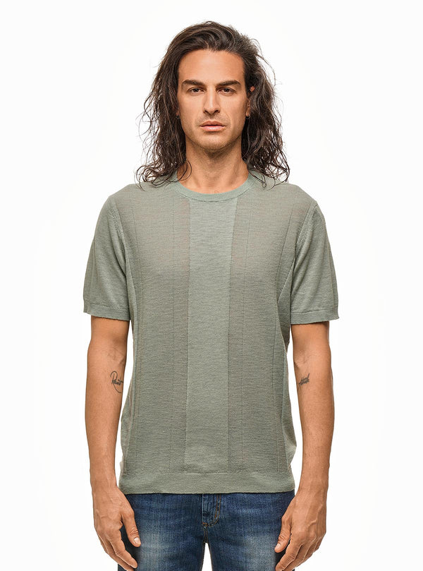 SHORT SLEEVE CREW NECK WITH VERTICAL RICE GRAIN STRIPES