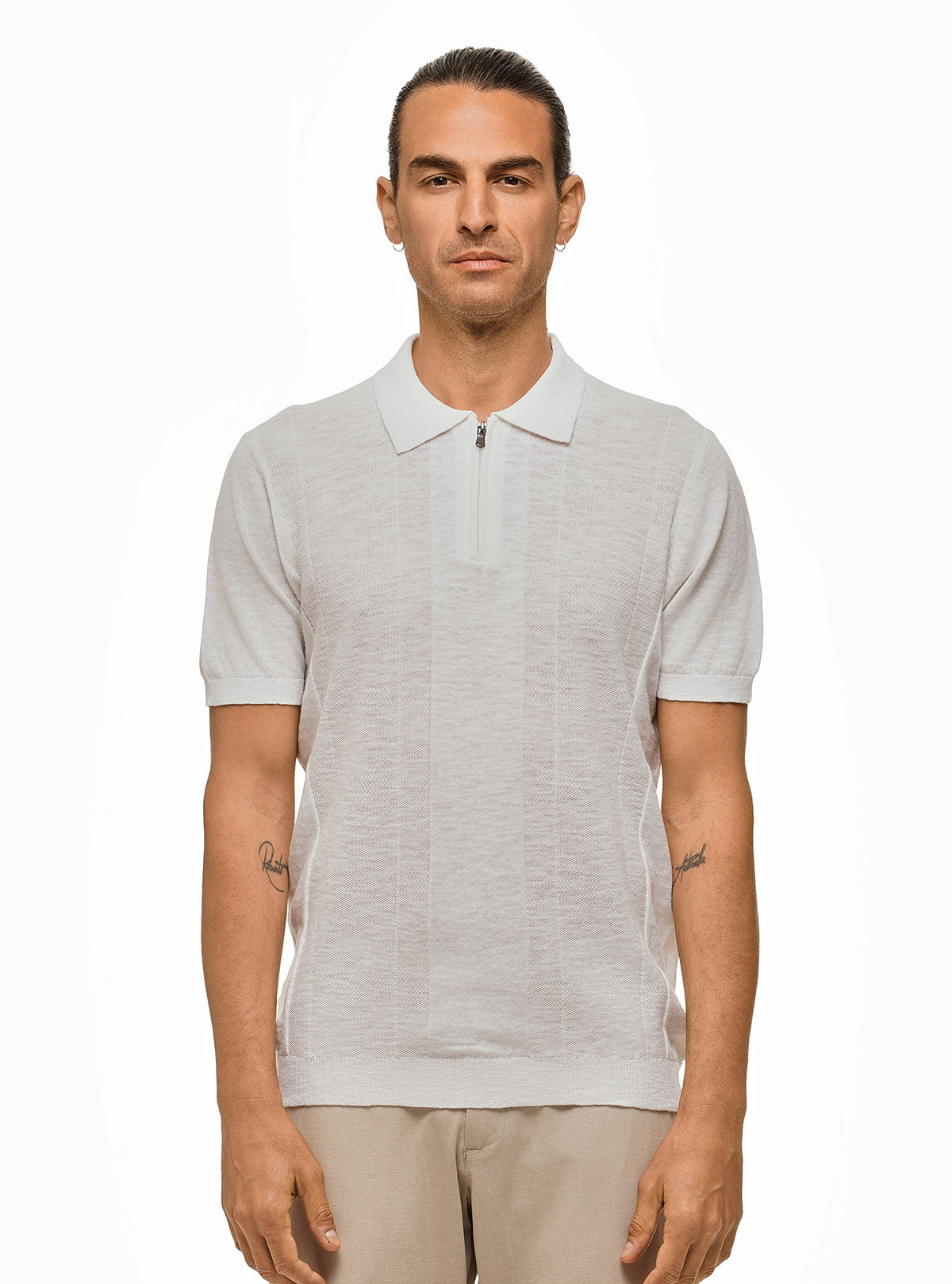 SHORT SLEEVE POLO WITH ZIP AND WORKED STRIPES