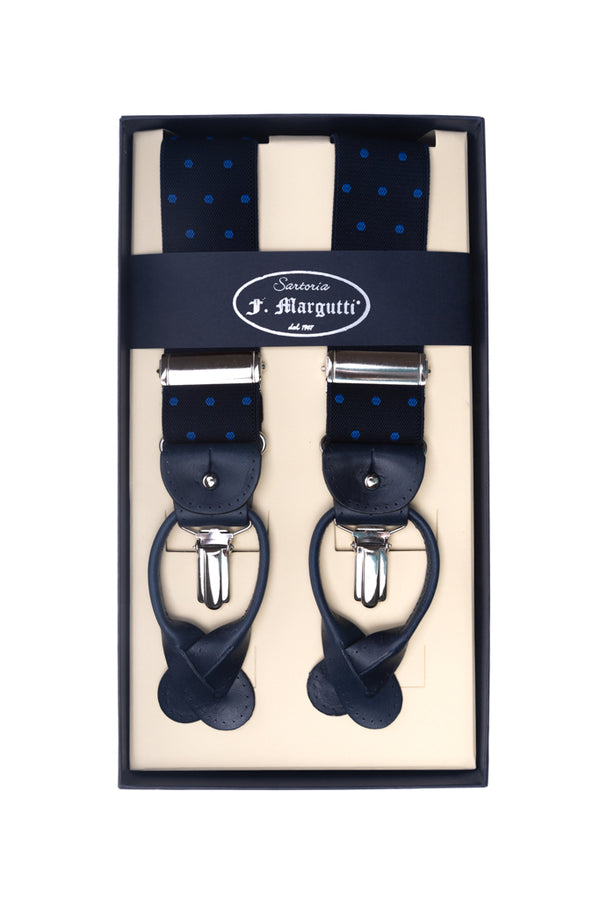 Blue suspenders with light blue polka dots