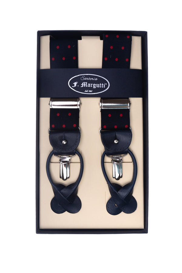 Blue suspenders with red polka dots