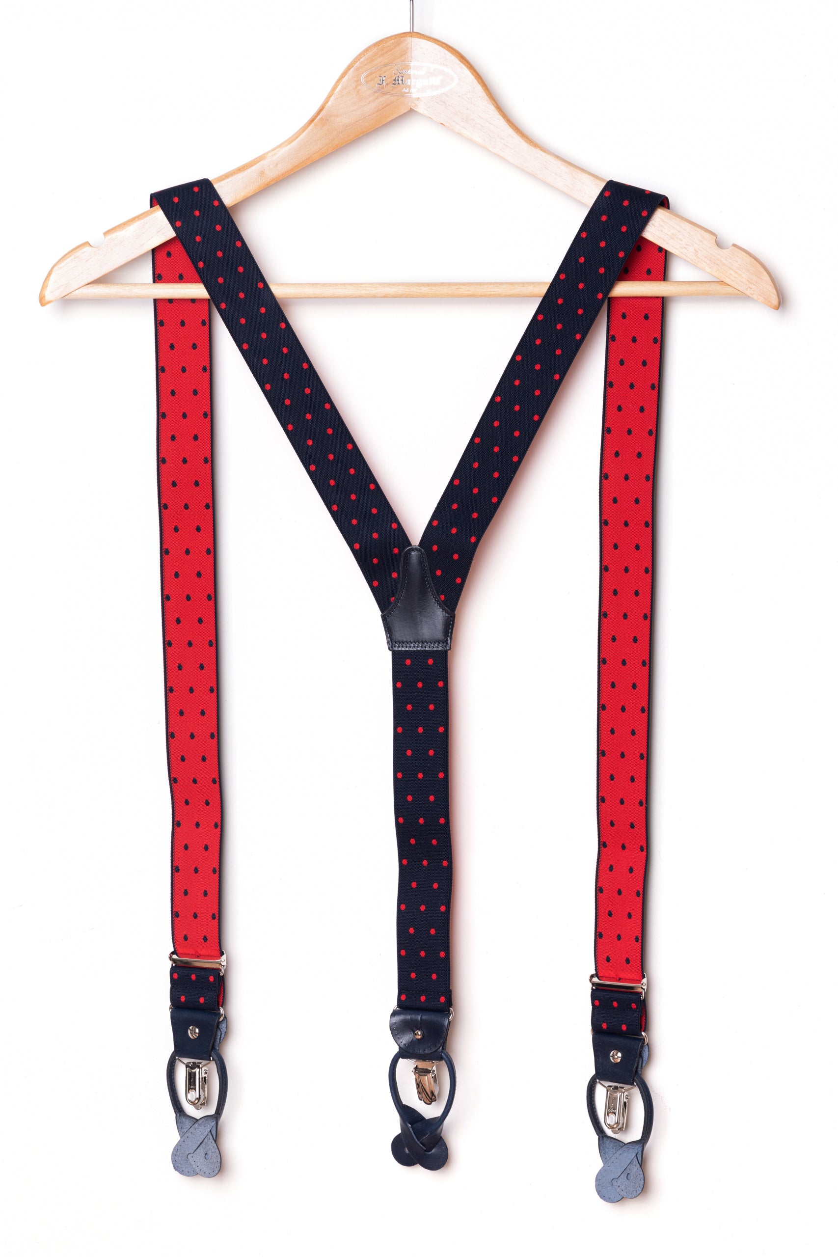 Blue suspenders with red polka dots