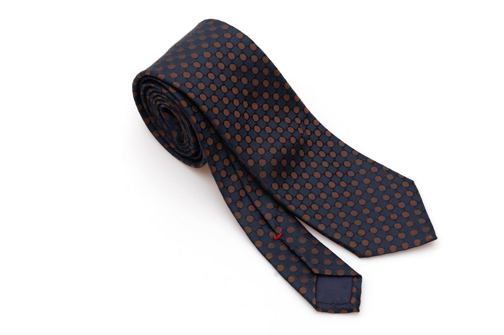 Cravate bleue à pois marron en pure soie
