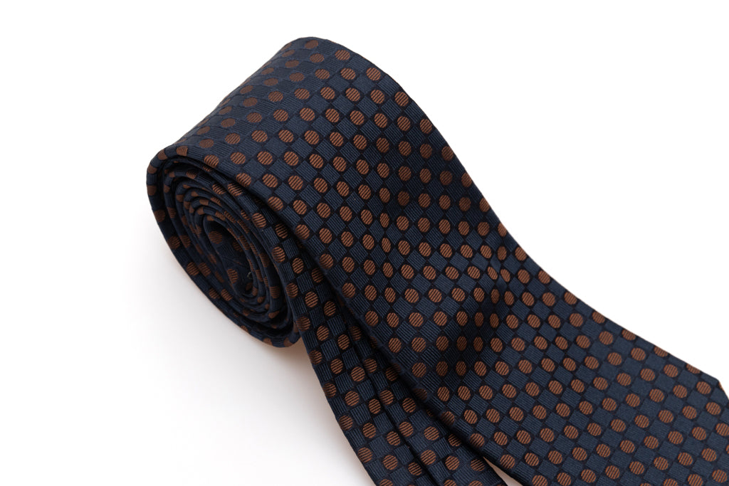 Blue tie with brown polka dots in pure silk