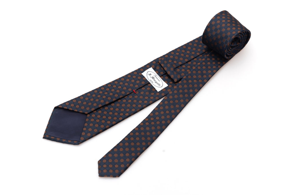 Blue tie with brown polka dots in pure silk