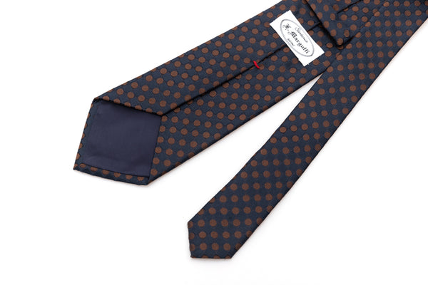 Cravate bleue à pois marron en pure soie