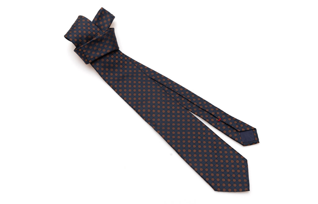 Blue tie with brown polka dots in pure silk