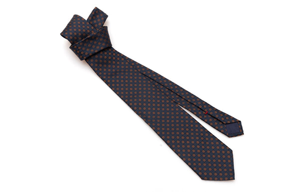 Blue tie with brown polka dots in pure silk