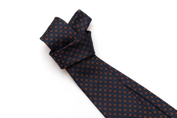 Cravate bleue à pois marron en pure soie
