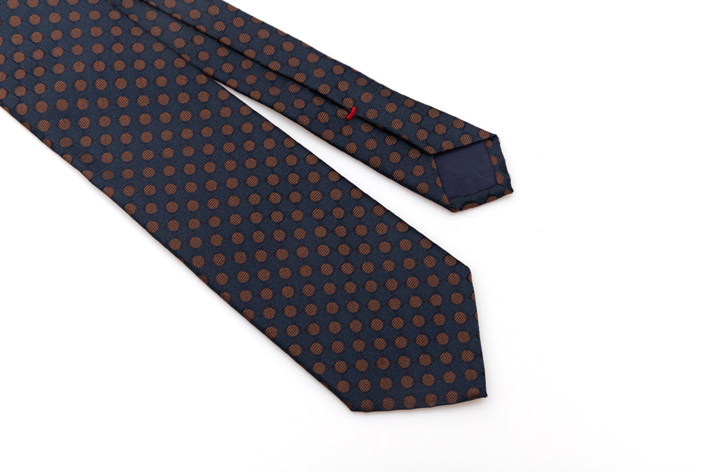 Cravate bleue à pois marron en pure soie