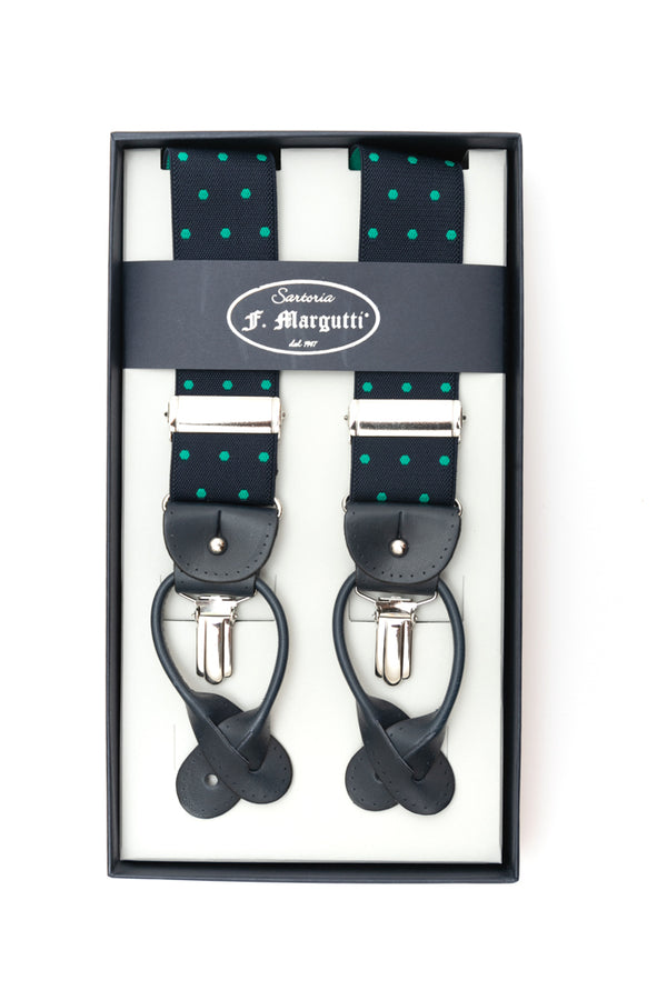 Blue suspenders with green polka dots