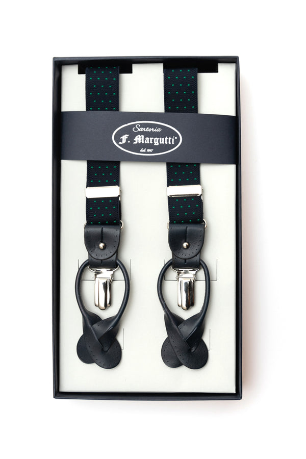 Blue suspenders with green micro-pattern
