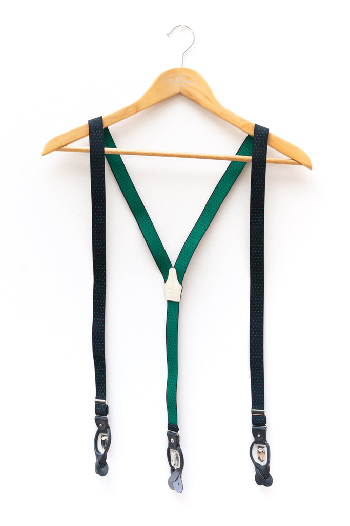 Blue suspenders with green micro-pattern