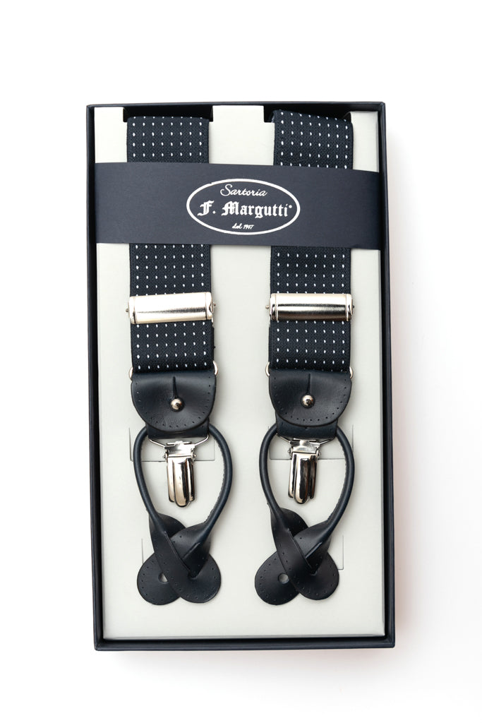 Blue suspenders with white micropois