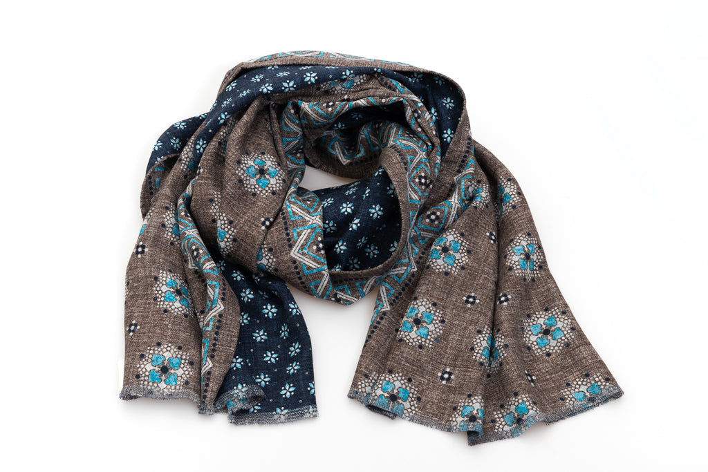Brown and Blue Reversible Scarf in Pure Silk