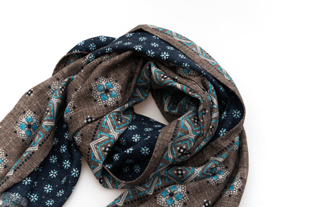Brown and Blue Reversible Scarf in Pure Silk