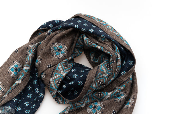 Brown and Blue Reversible Scarf in Pure Silk