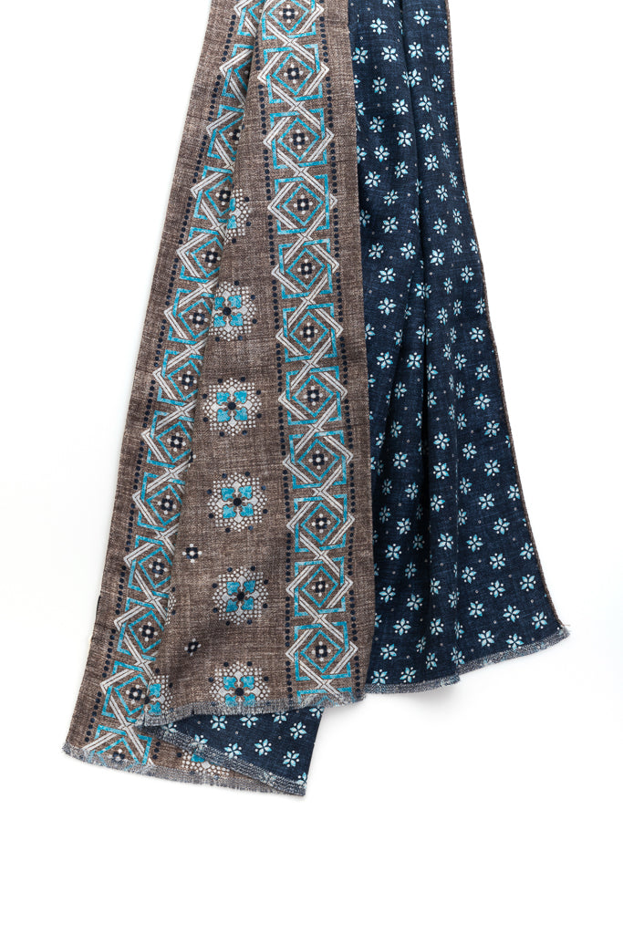 Brown and Blue Reversible Scarf in Pure Silk