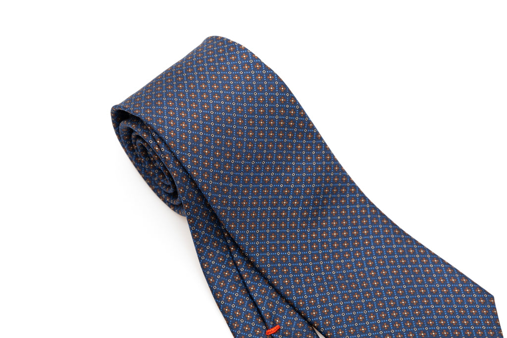 Blue tie with brown micro-pattern pure silk