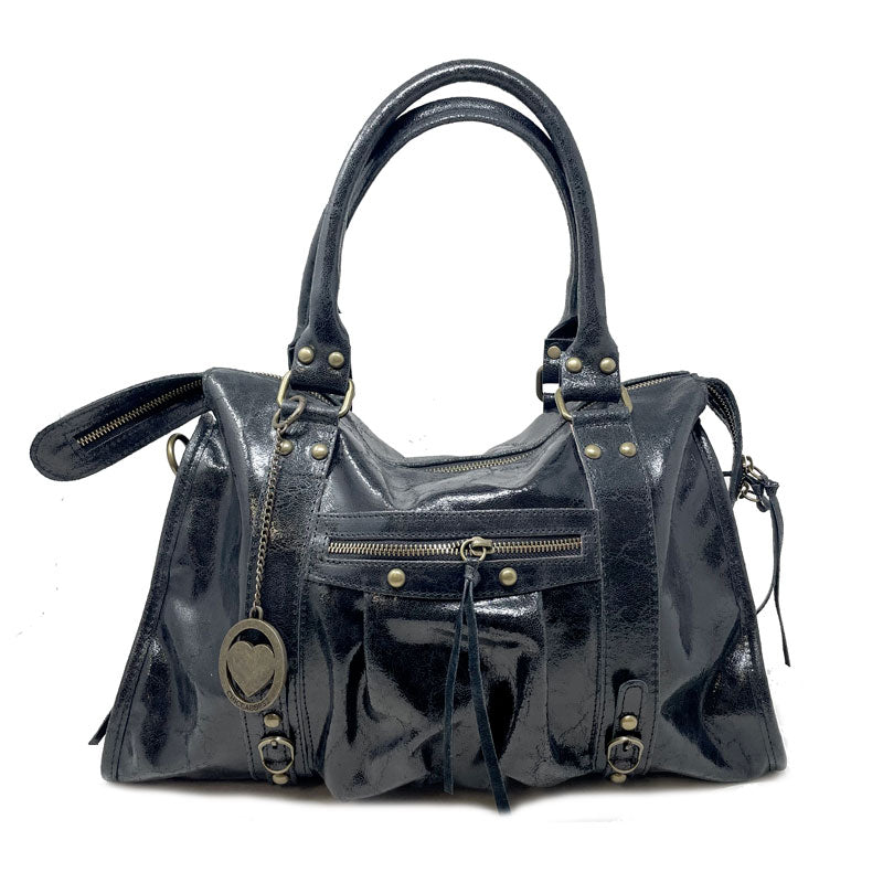 Borsa a mano grande in pelle spatolata con borchie - K073