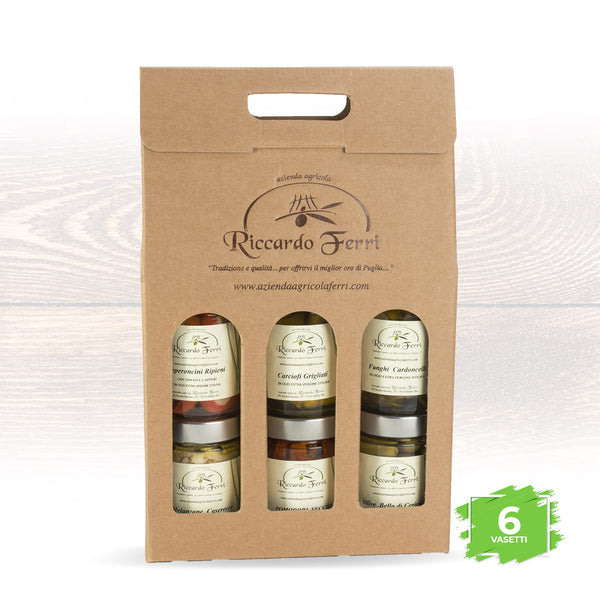 Case with six jars of G.359 mixed in oil in extra virgin olive oil