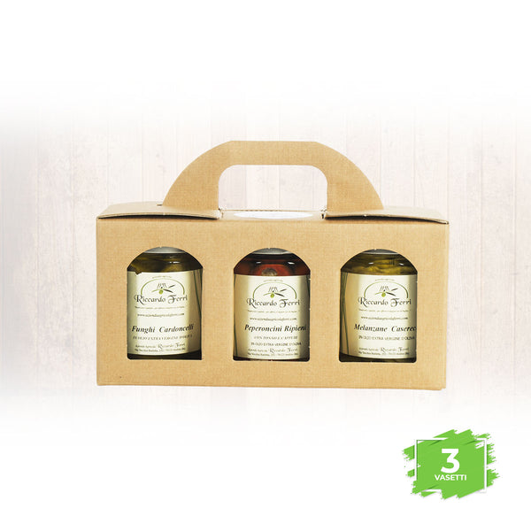 Case with three jars of G.359 mixed in oil with extra virgin olive oil