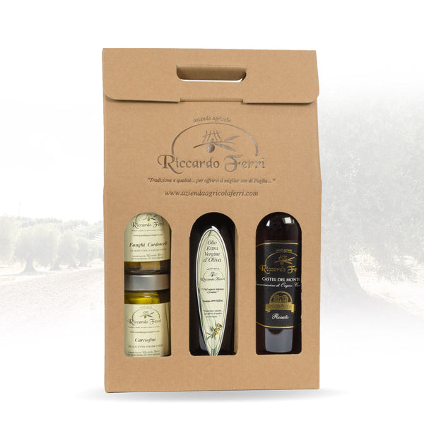 Valigetta con assaggi assortiti (2 confezioni di conserve, olio, vino rosato)